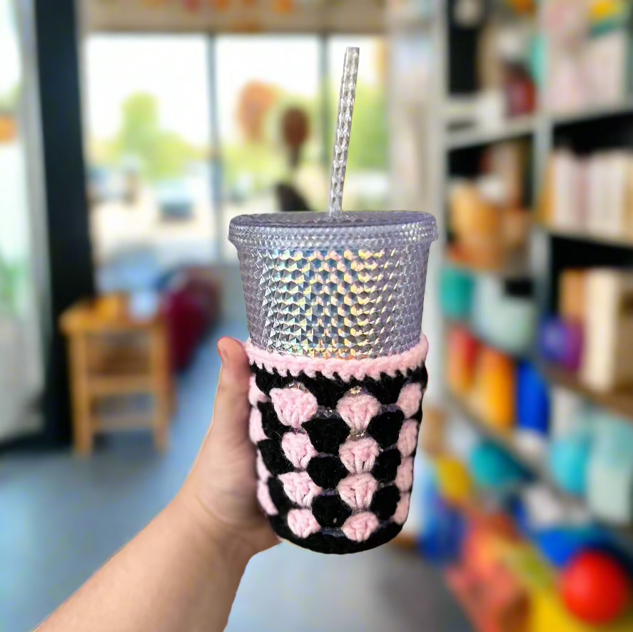 Crochet Iced Coffee Koozie (Black + Ballet Pink)