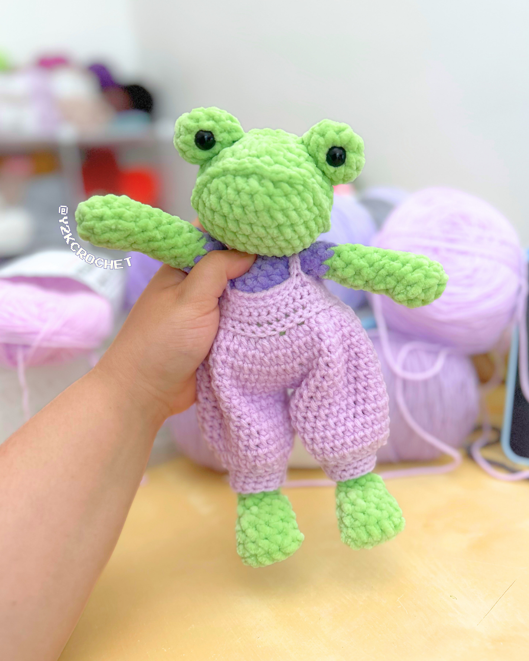 Fifi the Weighted Frog Dolly + Overalls - Crochet Frog Doll with Clothes