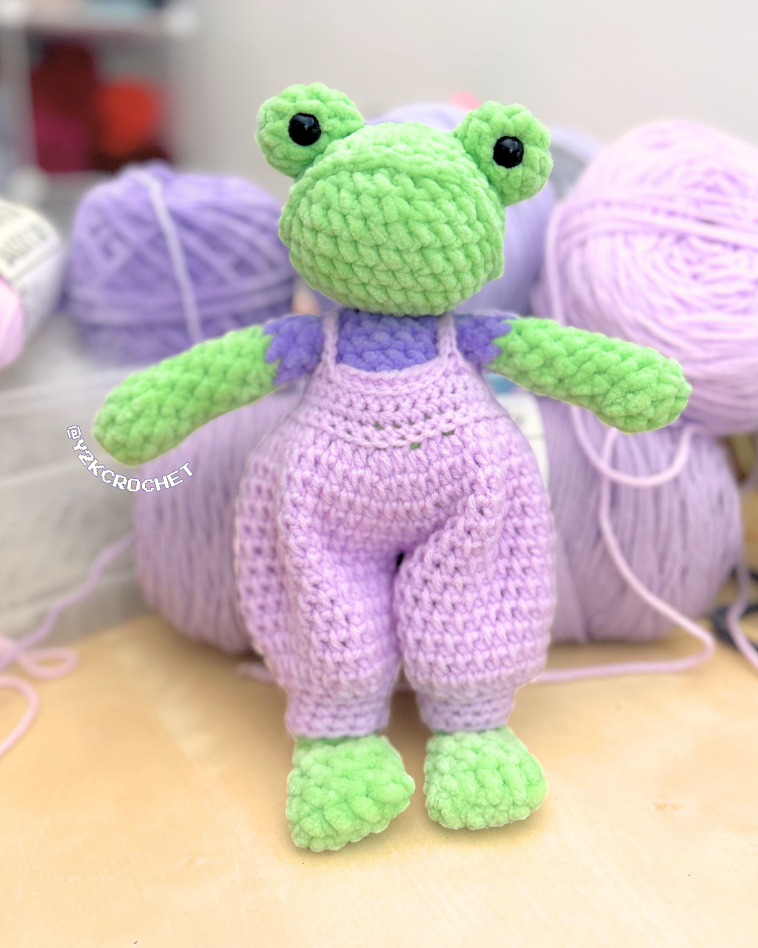 Fifi the Weighted Frog Dolly + Overalls - Crochet Frog Doll with Clothes