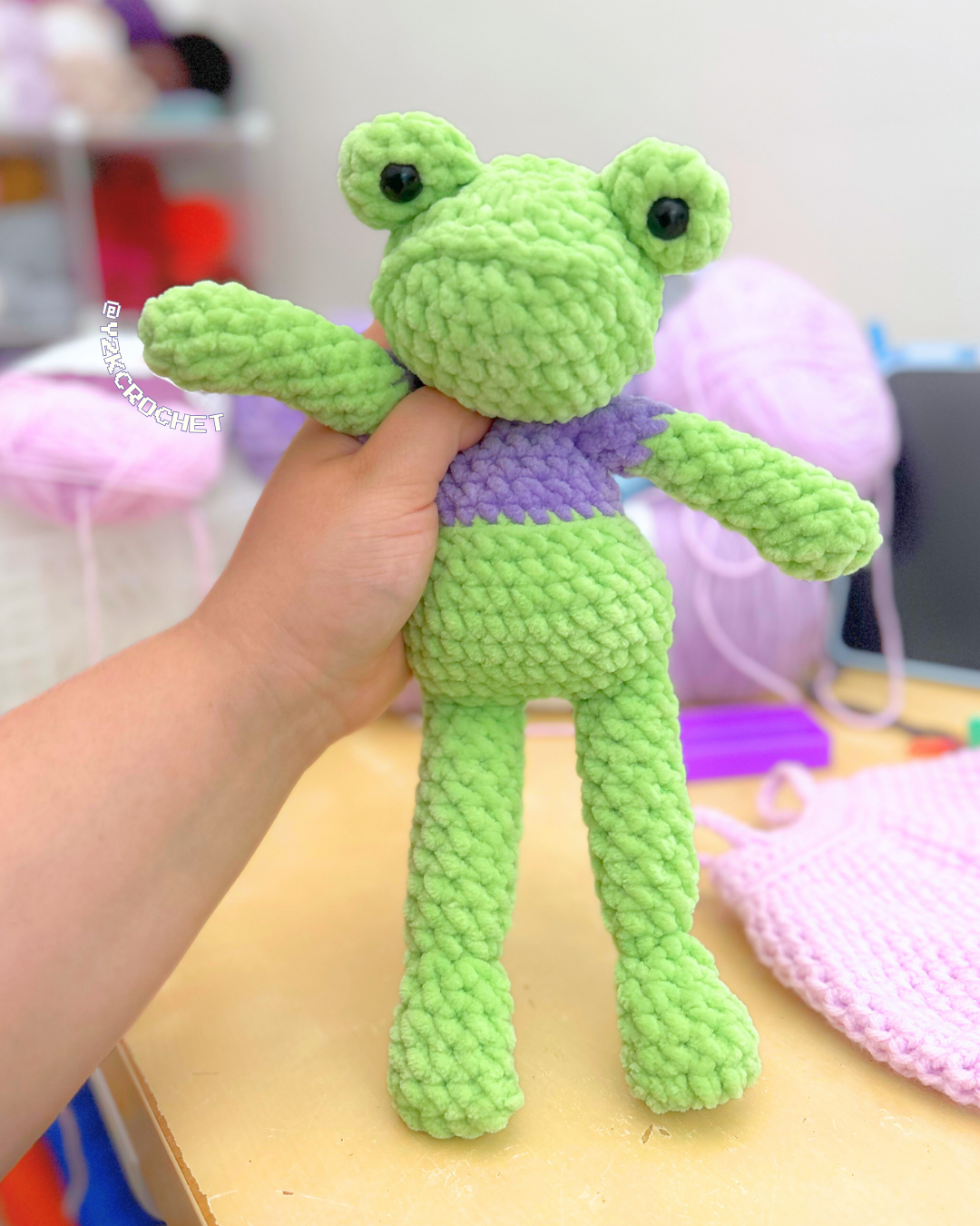 Fifi the Weighted Frog Dolly + Overalls - Crochet Frog Doll with Clothes