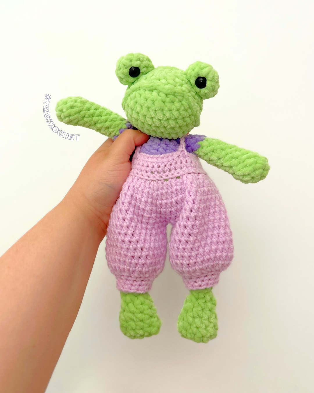 Fifi the Weighted Frog Dolly + Overalls - Crochet Frog Doll with Clothes
