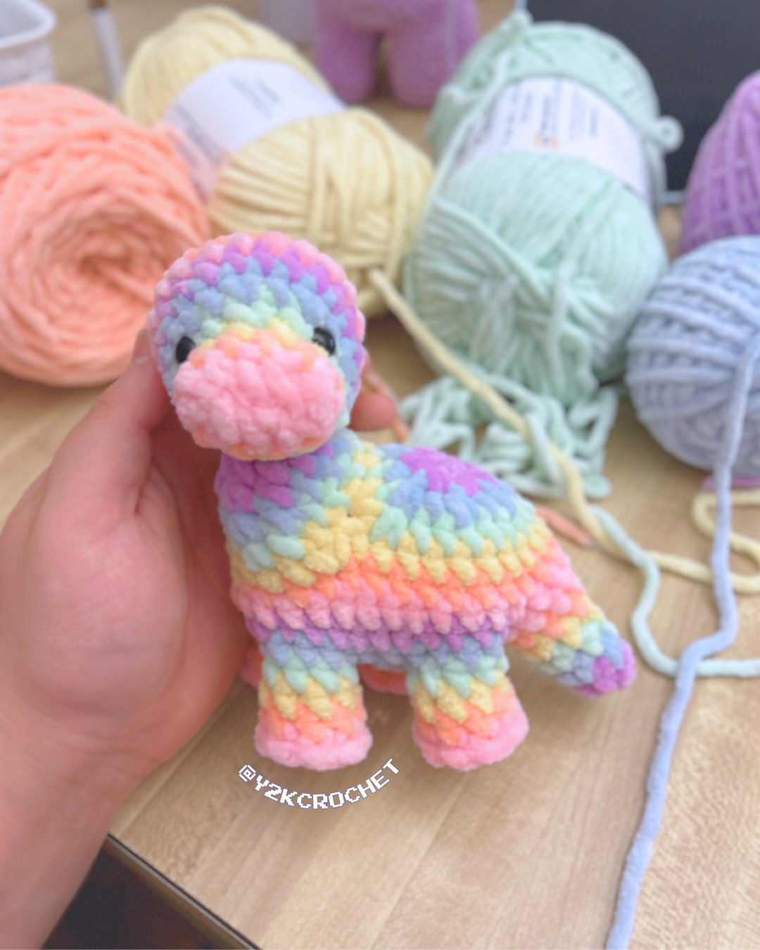 Bitty the Mini Rainbow Brontosaurus Plushie - Hamdmade Crochet Dino Plush
