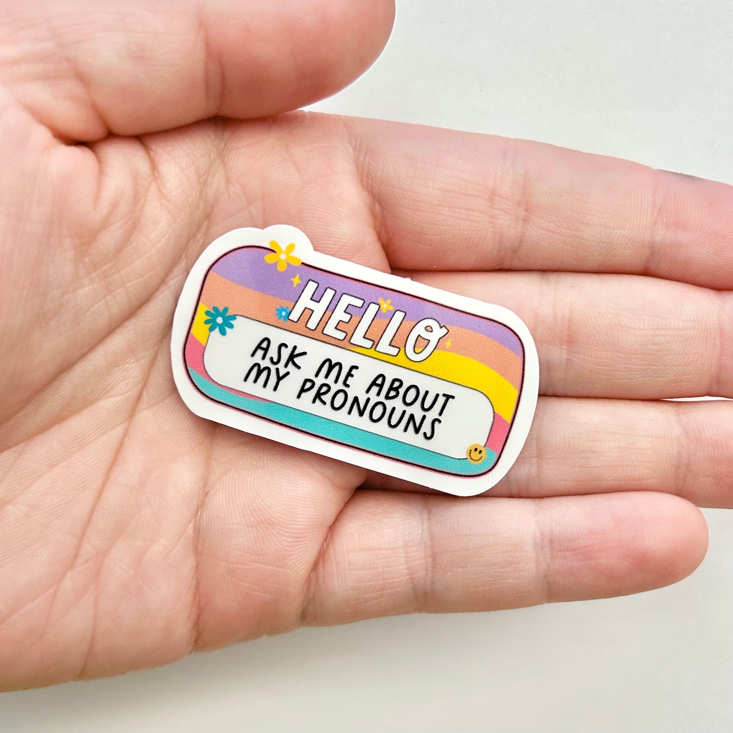 Hello: Ask Me About My Pronouns | Name Tag Sticker