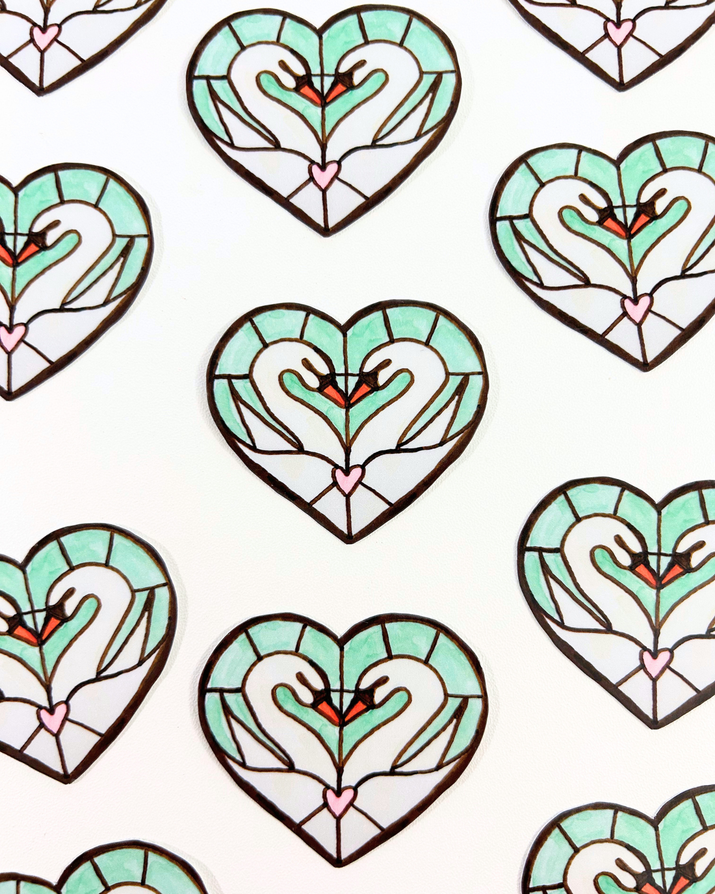 Swan Lovers Stained Glass Sticker - Hand Drawn Glass Art - Love Birds