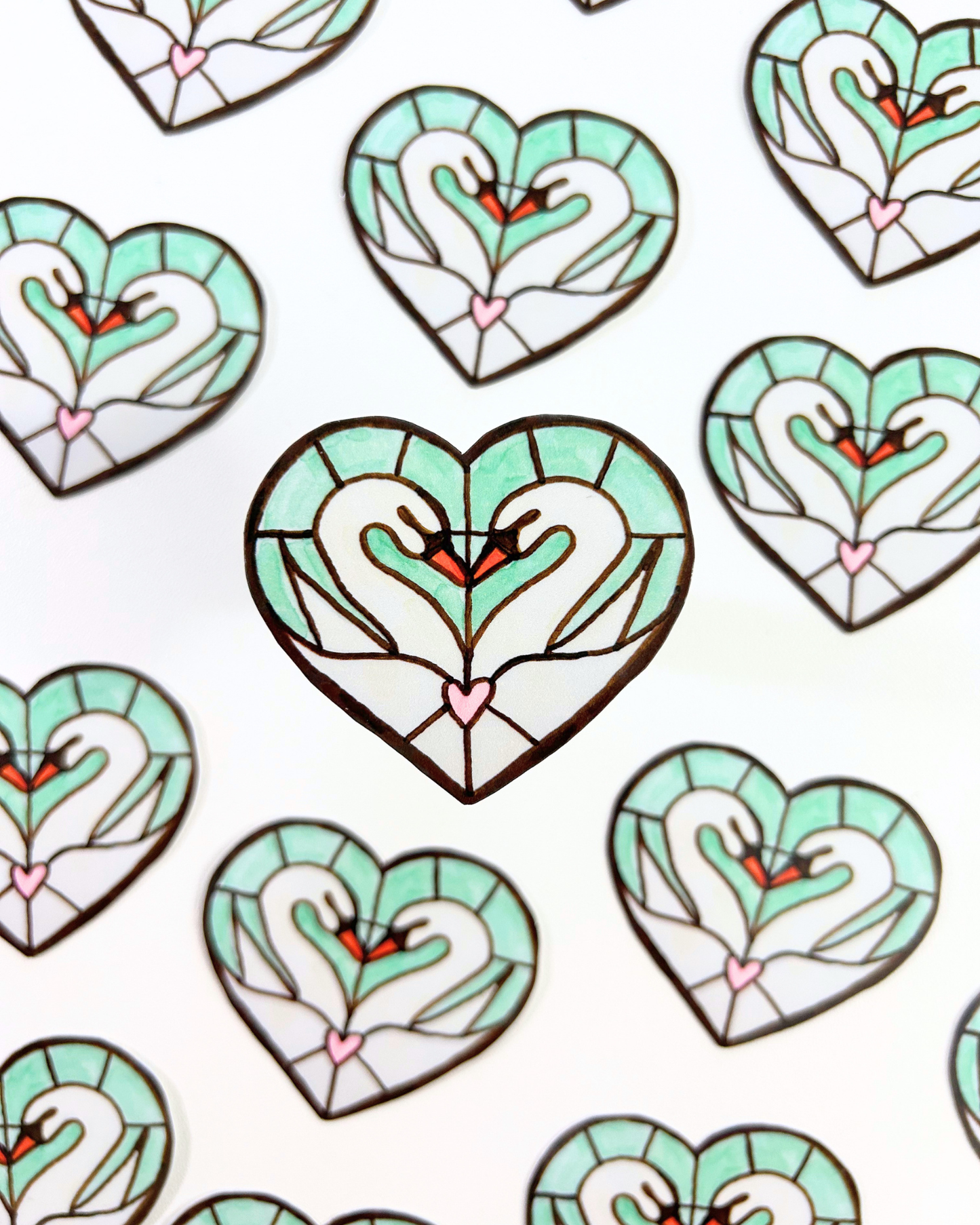 Swan Lovers Stained Glass Sticker - Hand Drawn Glass Art - Love Birds
