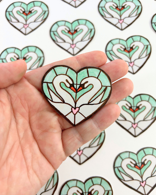 Swan Lovers Stained Glass Sticker - Hand Drawn Glass Art - Love Birds