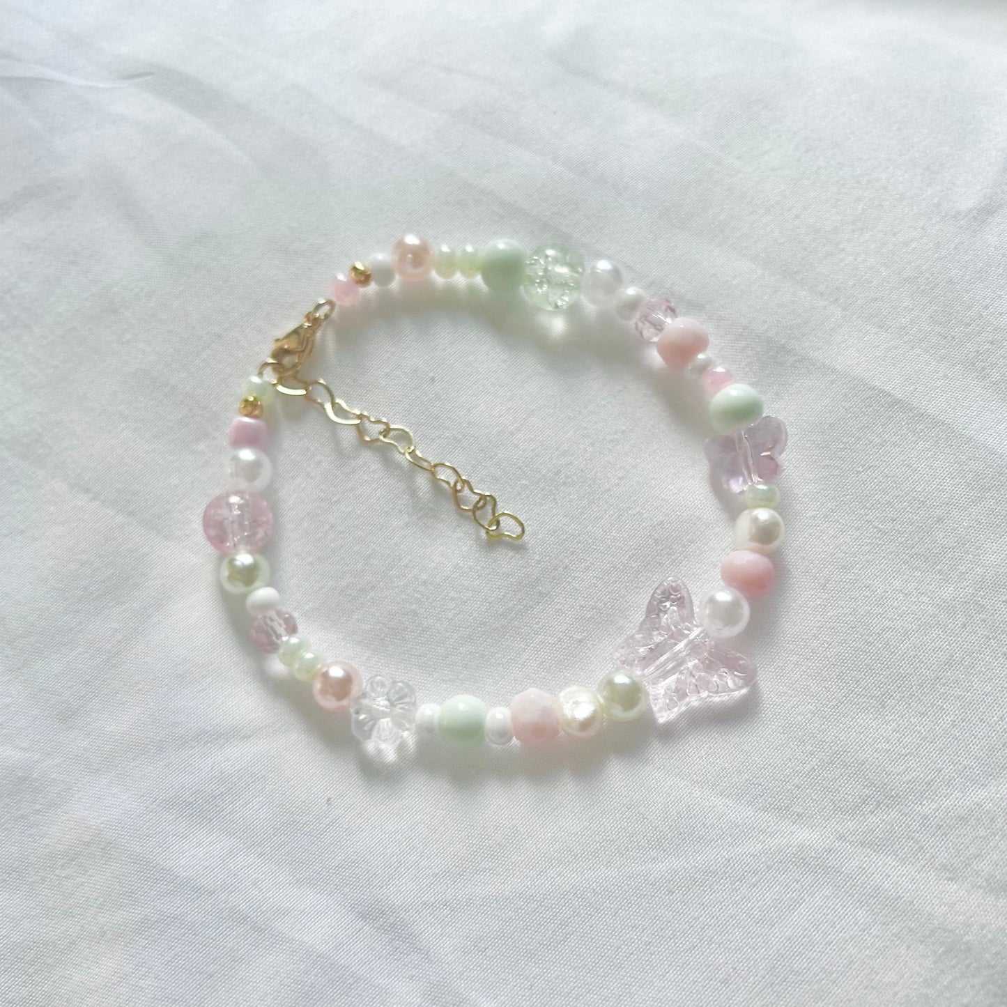 Pink and Green Butterfly Beaded Bracelet