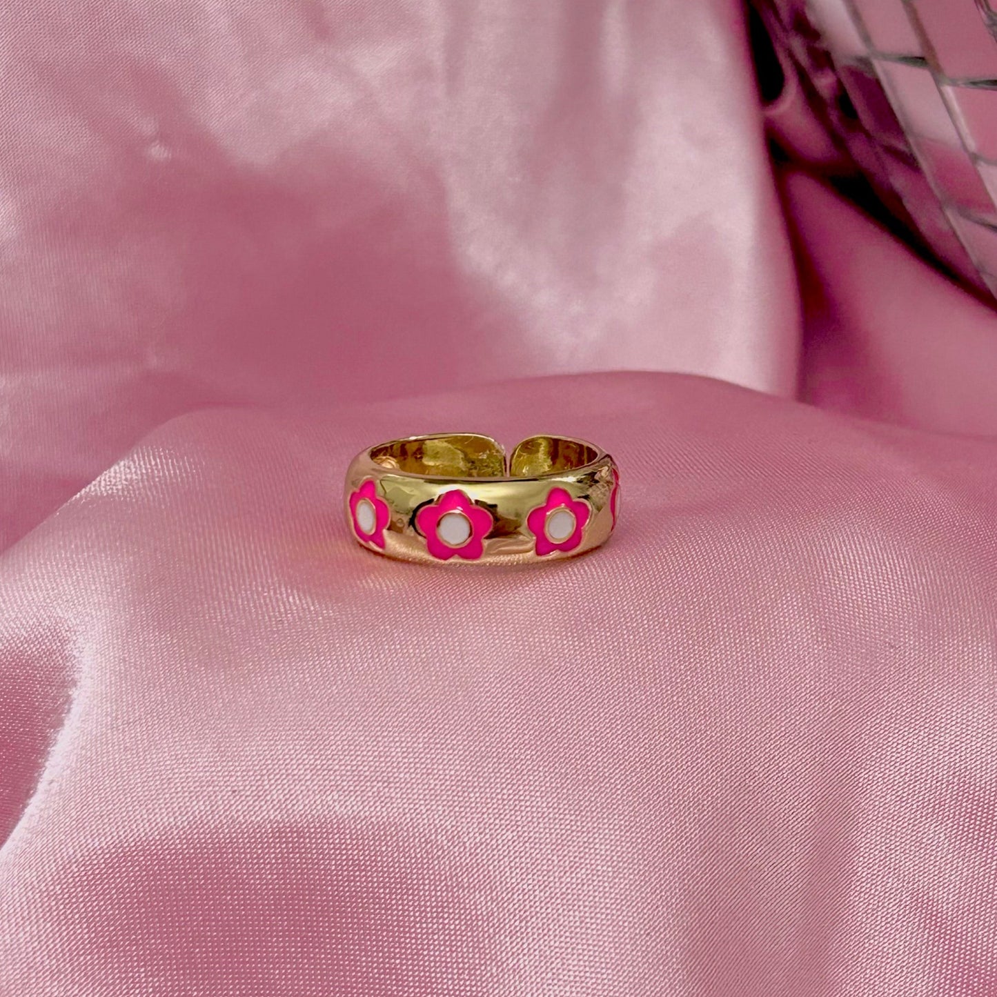 Hot Pink Flower Gold Ring