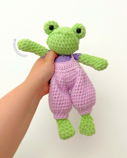 Fifi the Weighted Frog Dolly + Overalls - Crochet Frog Doll with Clothes