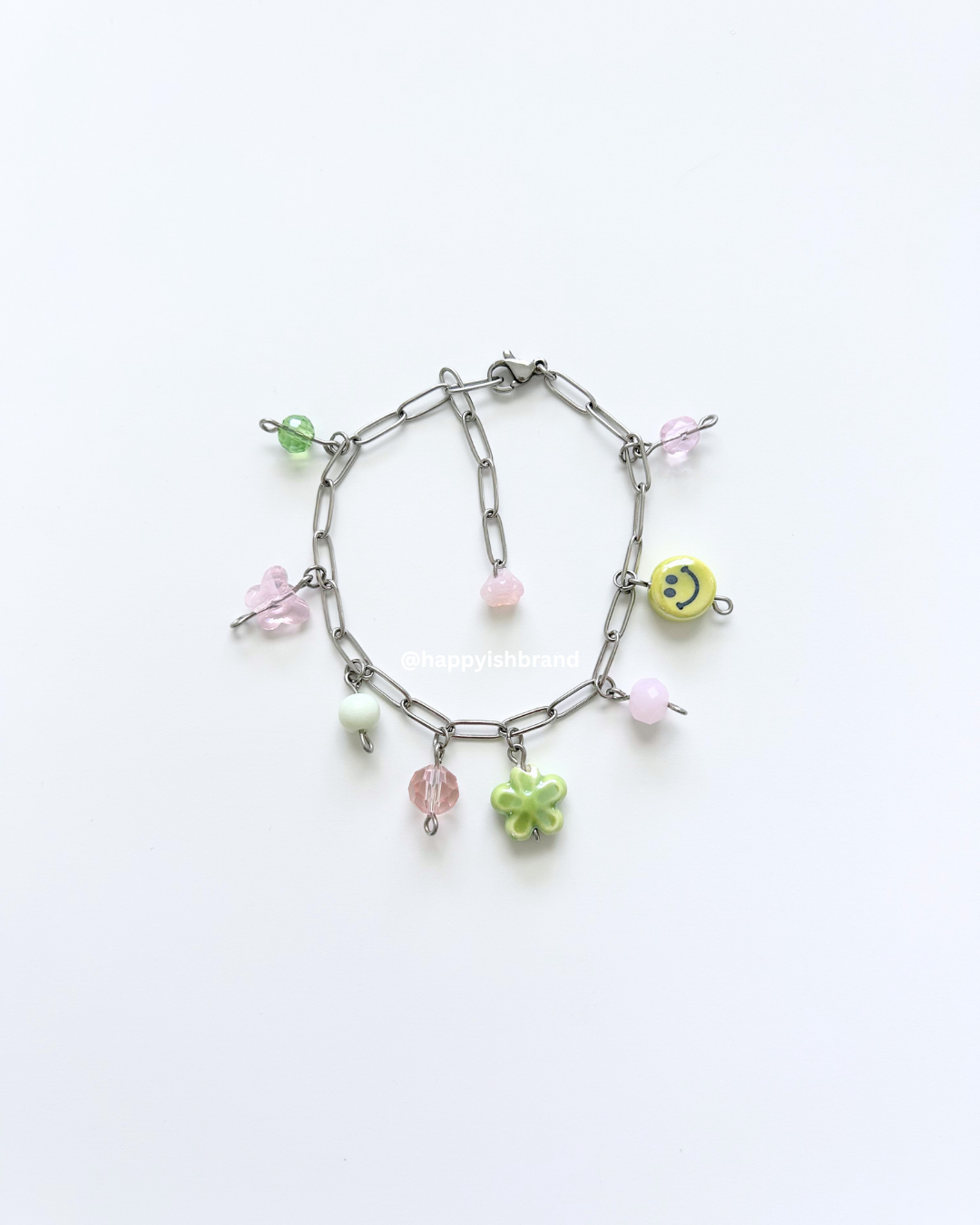 Pink and Green - Handmade Glass Bead Charm Bracelet