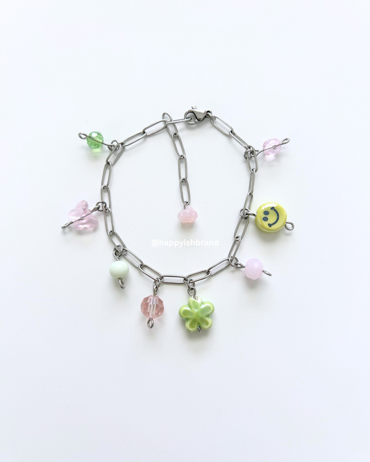 Pink and Green - Handmade Glass Bead Charm Bracelet