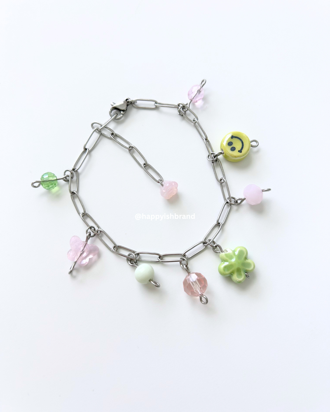 Pink and Green - Handmade Glass Bead Charm Bracelet