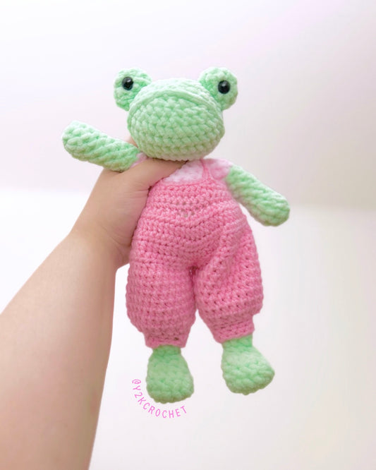 Filly the Weighted Frog Dolly + Overalls - Crochet Frog Doll with Clothes