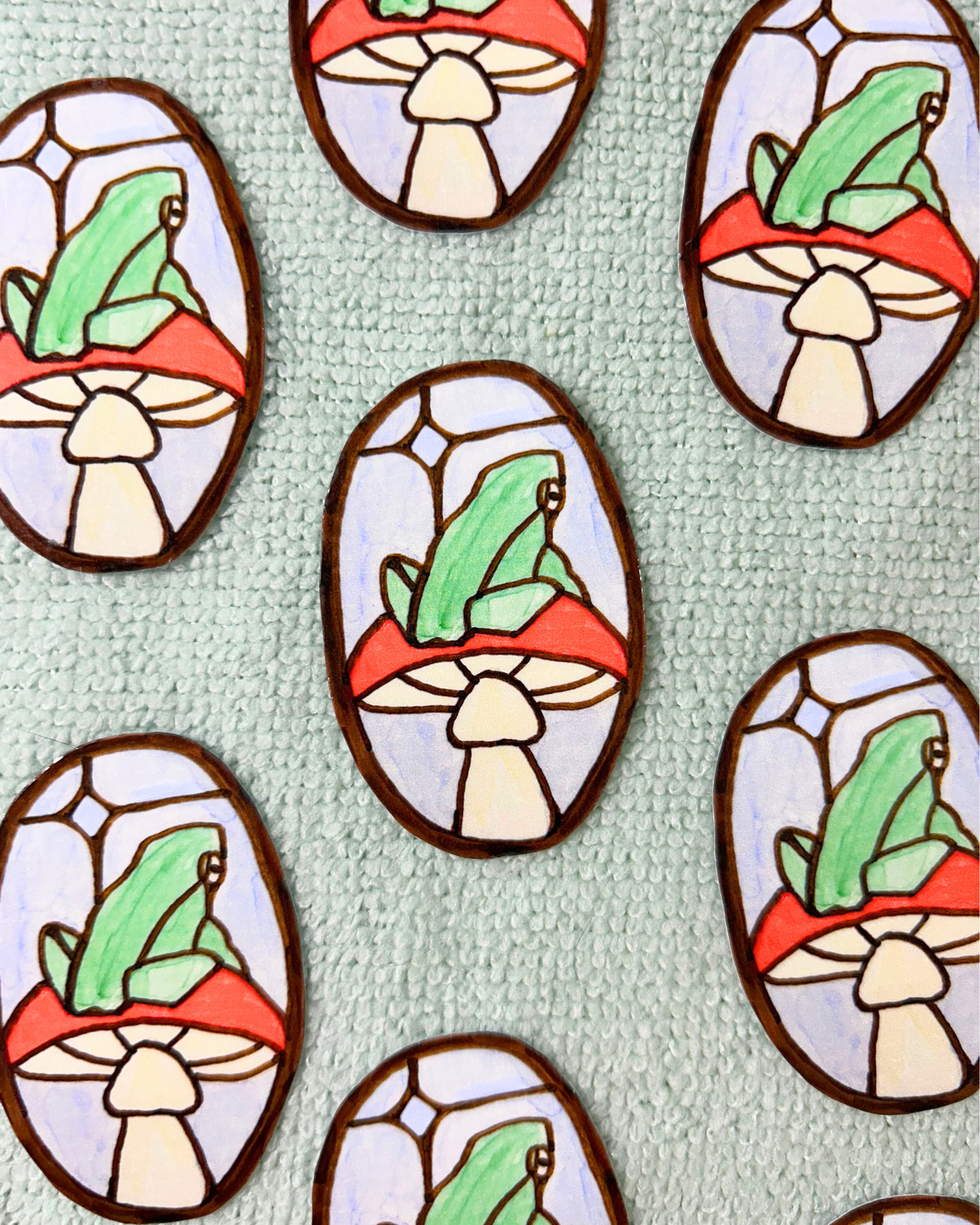 Froggy Mushroom Stained Glass Sticker - Hand Drawn Frog Art
