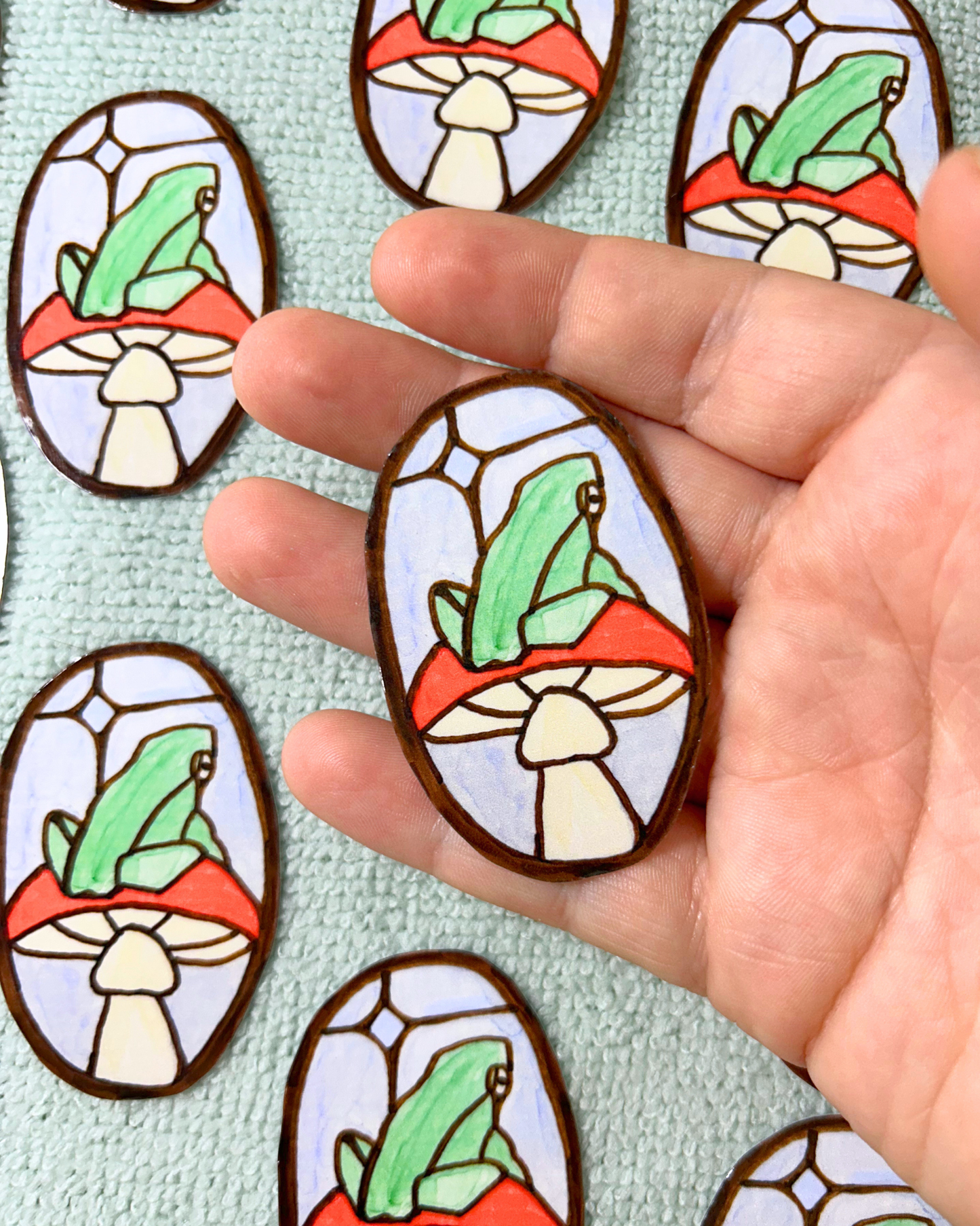 Froggy Mushroom Stained Glass Sticker - Hand Drawn Frog Art