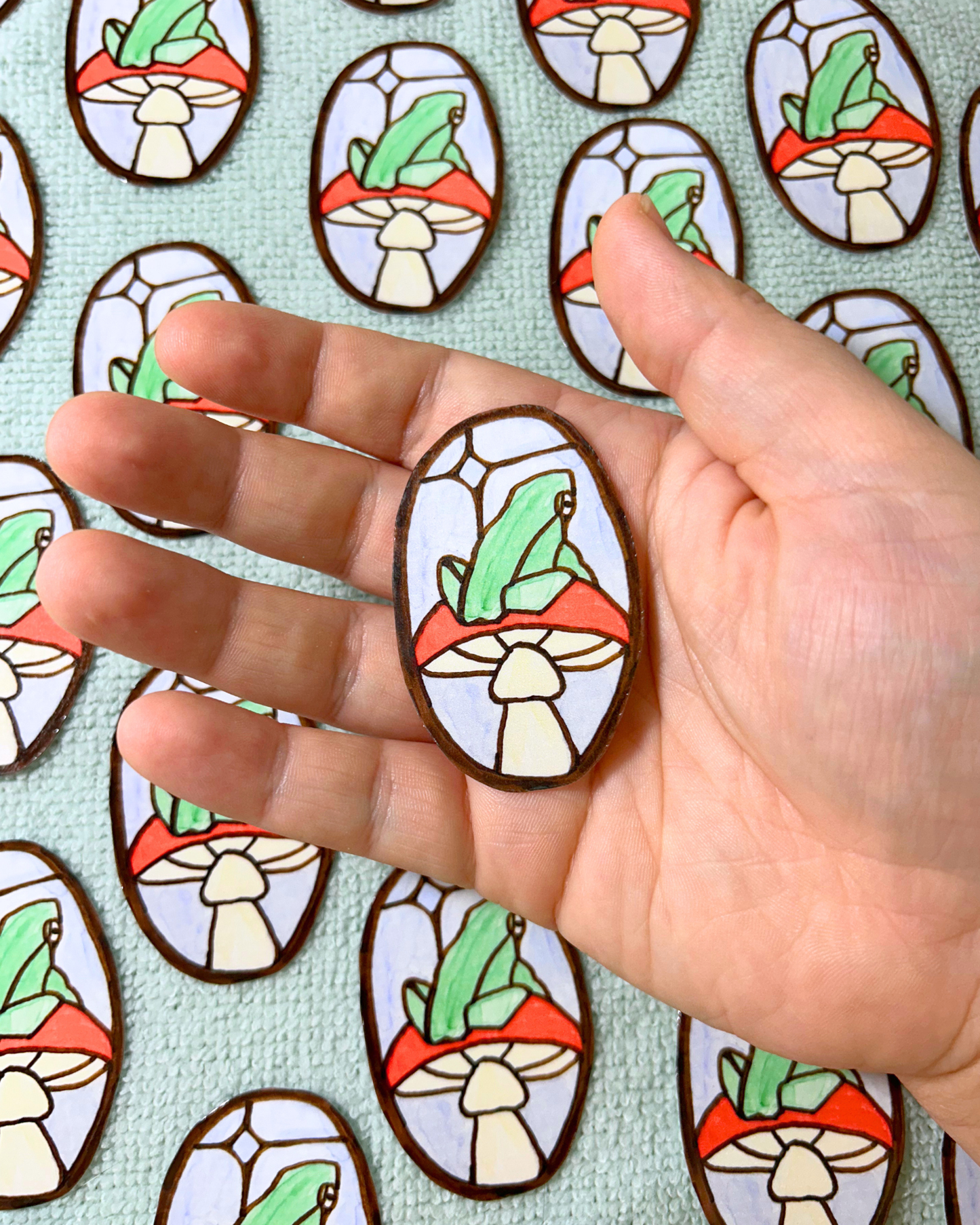 Froggy Mushroom Stained Glass Sticker - Hand Drawn Frog Art