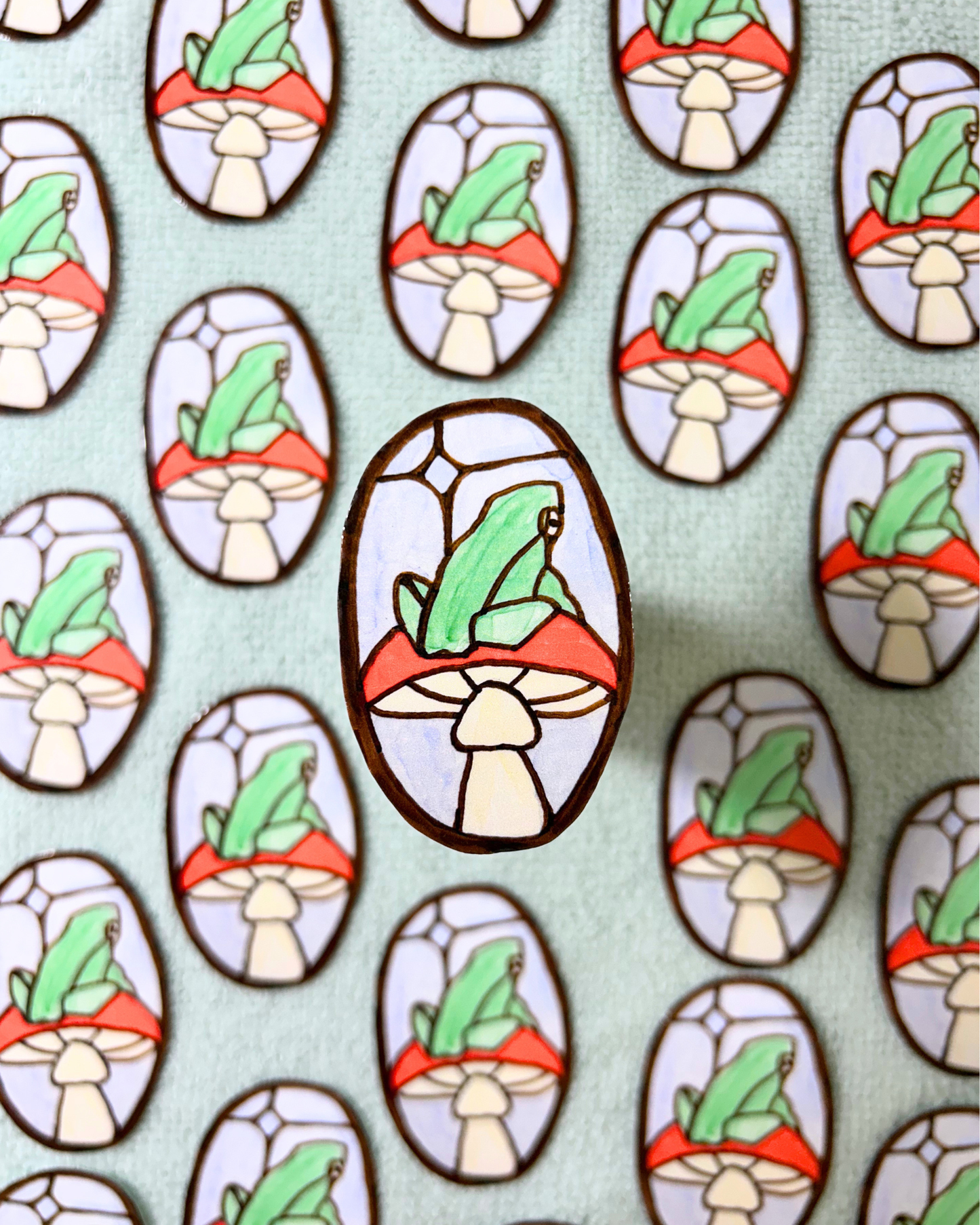 Froggy Mushroom Stained Glass Sticker - Hand Drawn Frog Art